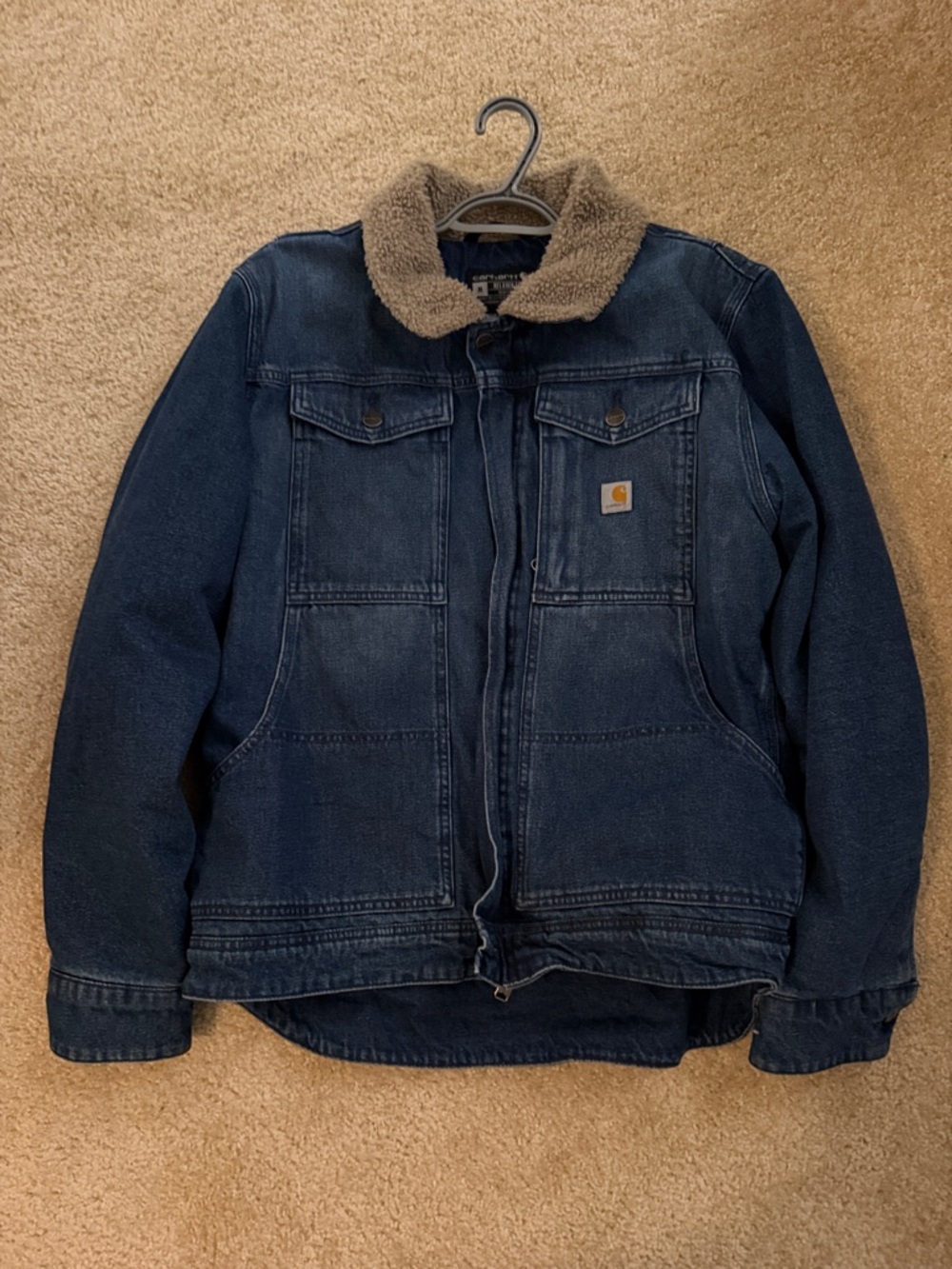 Carhartt Navy Denim Jacket with Tan Sherpa Collar